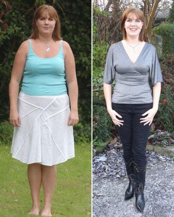 Жена пред и по губење на тежината на диета со кефир